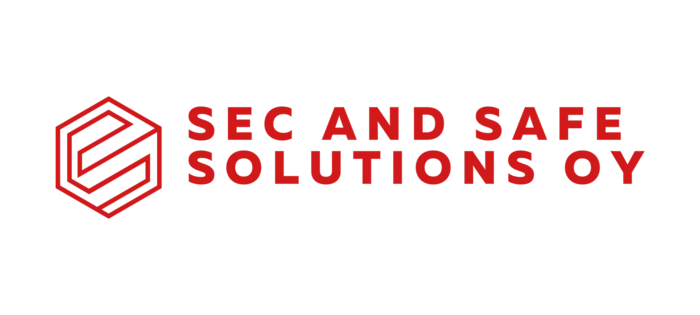 Sec and Safe Solutions Oy:n punainen logo, jossa on kuusikulmainen symboli vasemmalla ja yrityksen nimi oikealla.