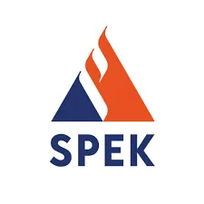 SPEK-logo, jossa on sininen ja oranssi kolmio, josta nousee liekki.