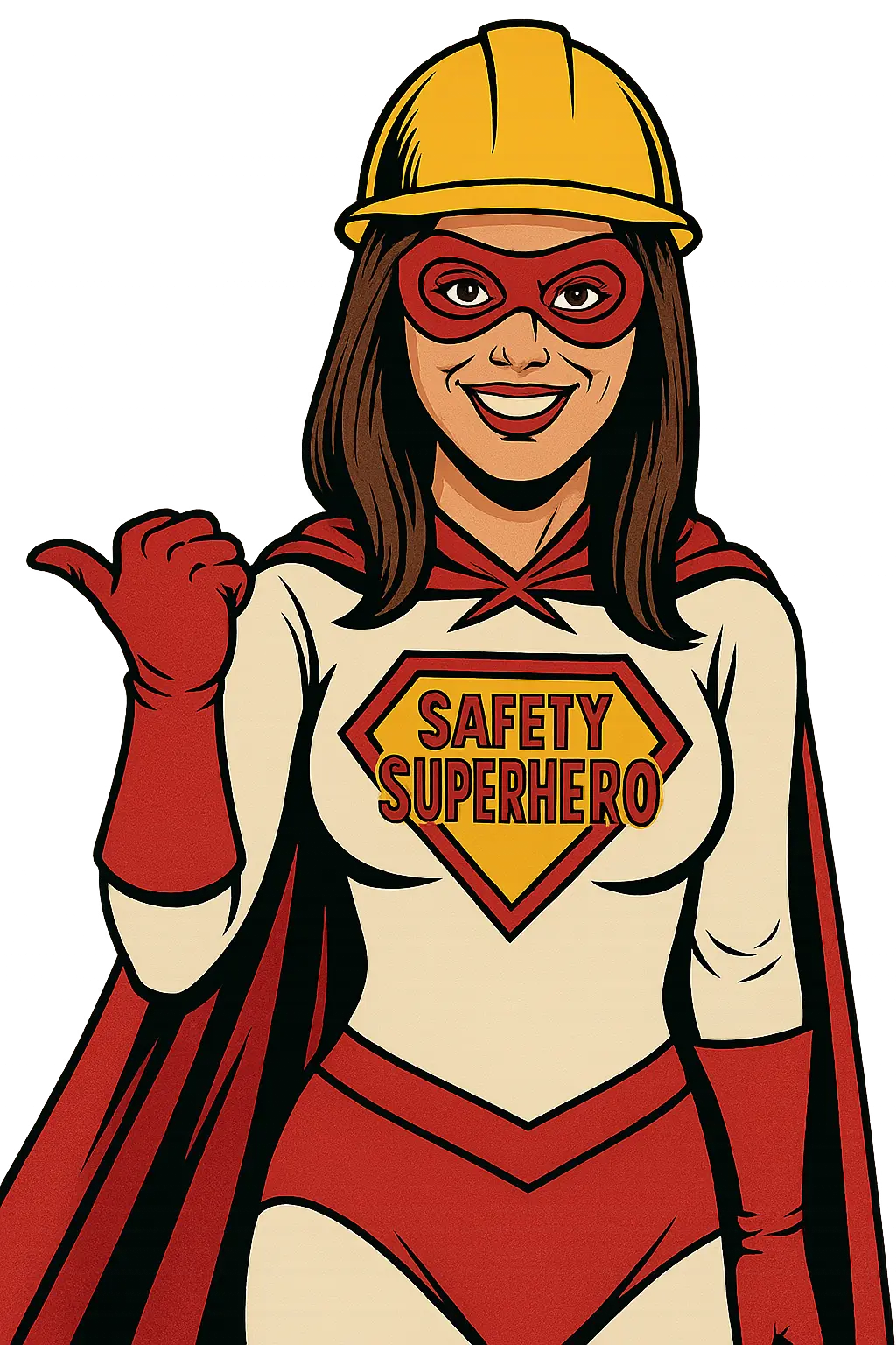 Nainen supersankariasussa, keltaisessa suojakypärässä ja punaisessa silmälapussa, hymyilee ja osoittaa peukalolla taakse, rinnassa teksti Safety Superhero.