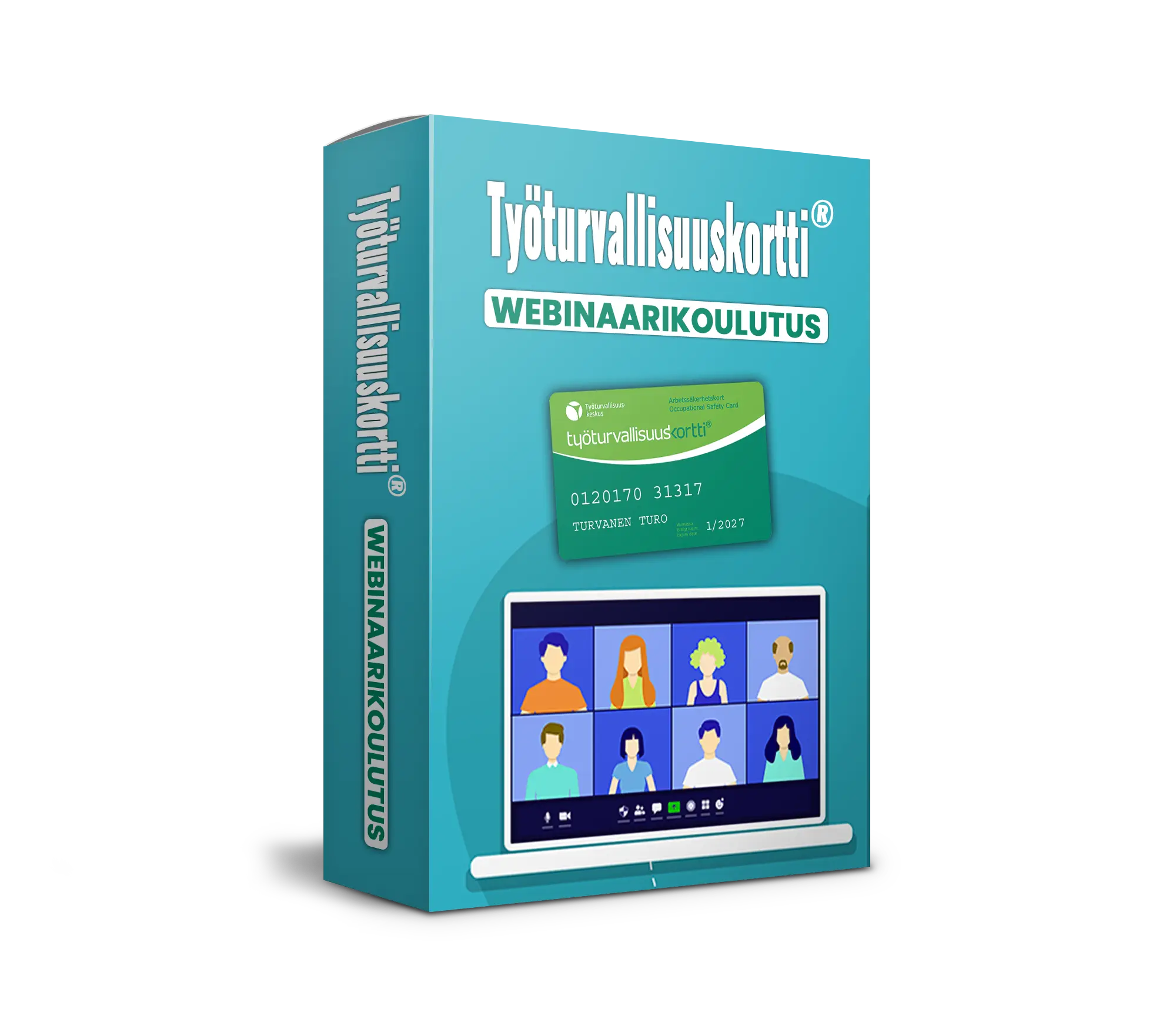 Työturvallisuuskortti-webinaarikoulutuksen pakkaus, jossa on kuva työturvallisuuskortista ja verkkokokous, jossa näkyy kahdeksan osallistujaa.