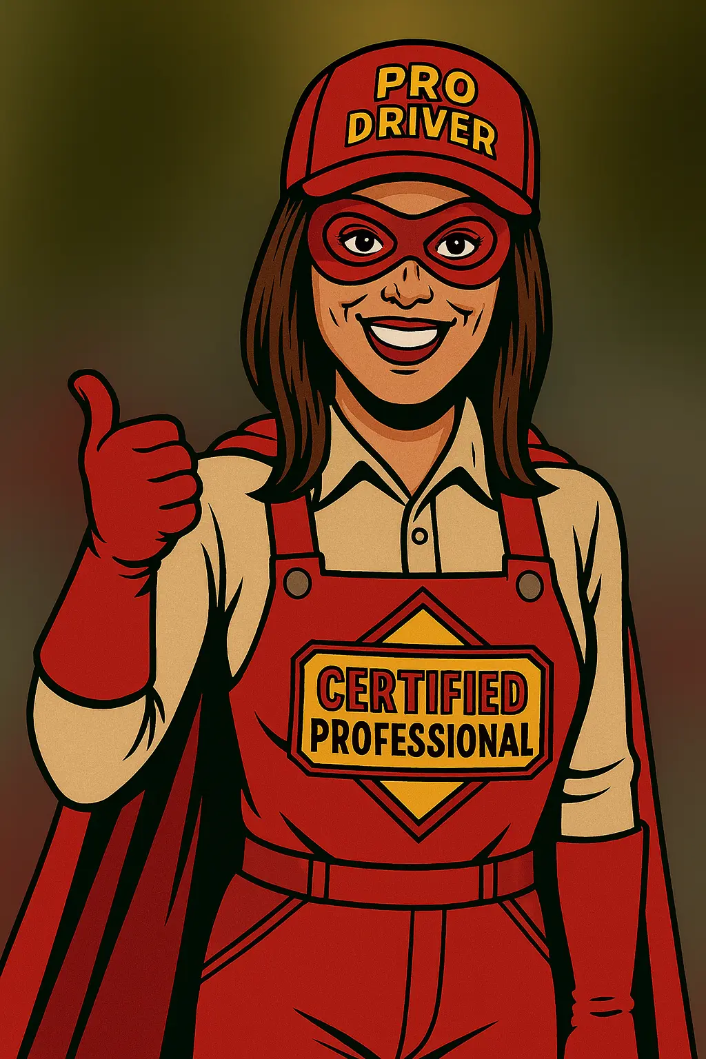 Hymyilevä nainen punainen supersankariasu, jossa hattu tekstillä PRO DRIVER ja haalari jossa lukee CERTIFIED PROFESSIONAL, peukalo ylös.