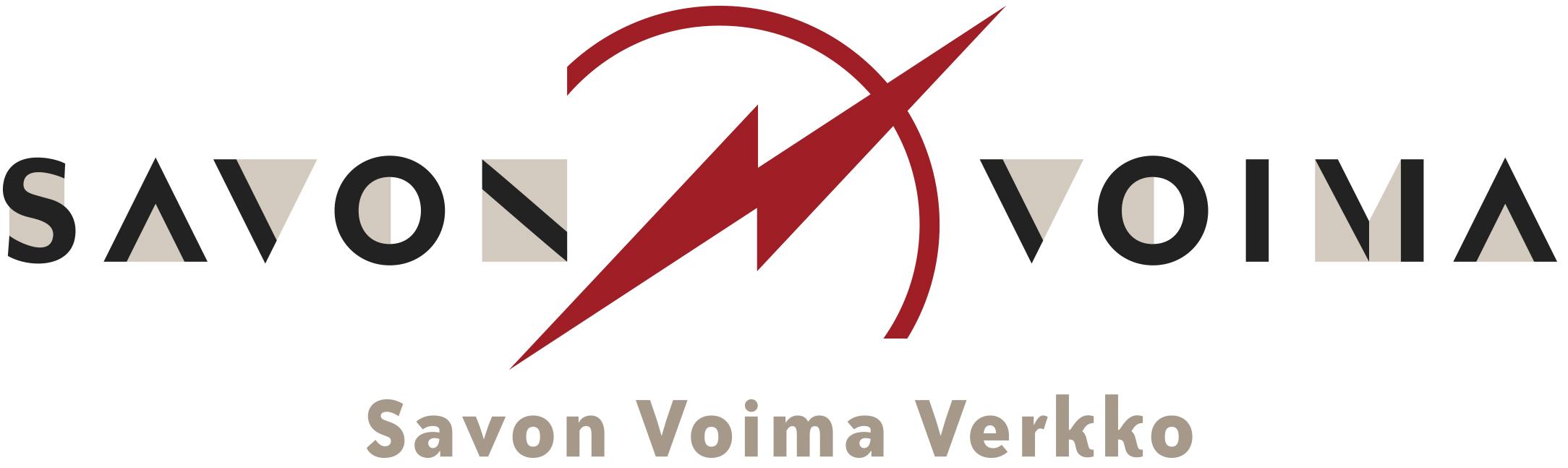 Savon Voima -yhtiön logo, jossa näkyy punainen salama ympyrässä sekä teksti Savon Voima Verkko.