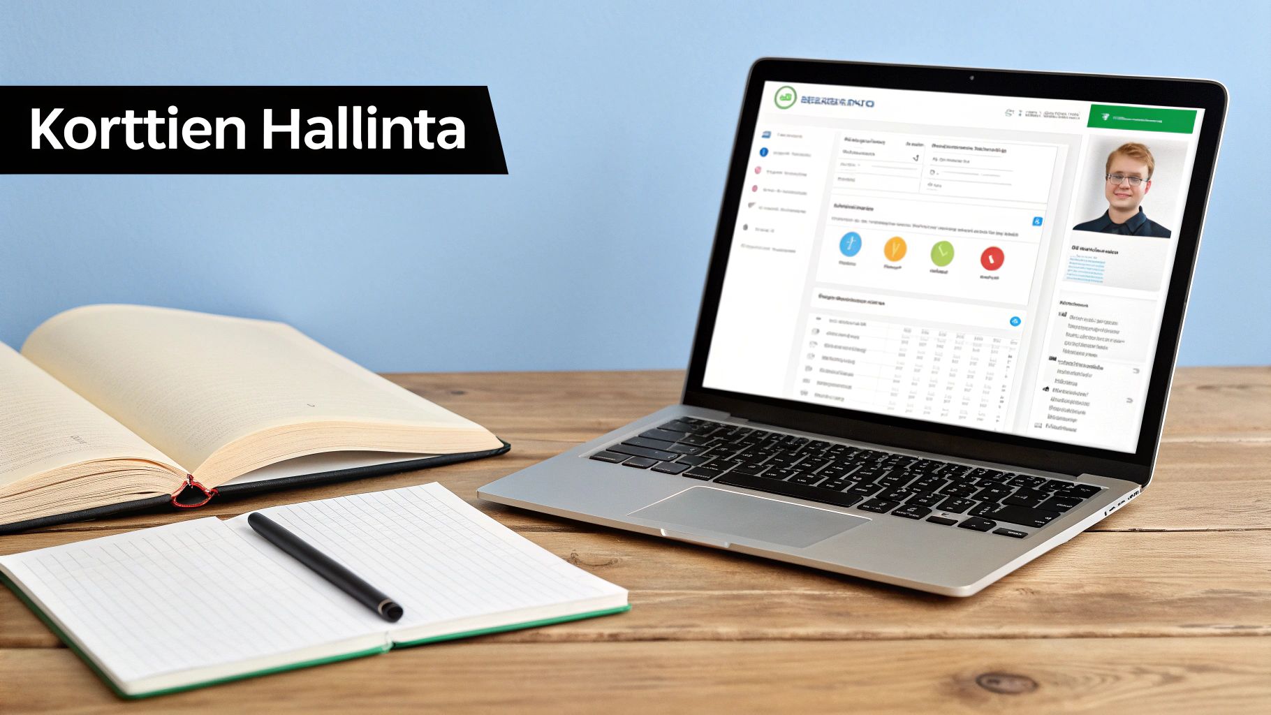 Kannettava tietokone, avoin kirja ja muistikirja kynällä puupöydällä. Näytöllä Korttien Hallinta -sovellus.