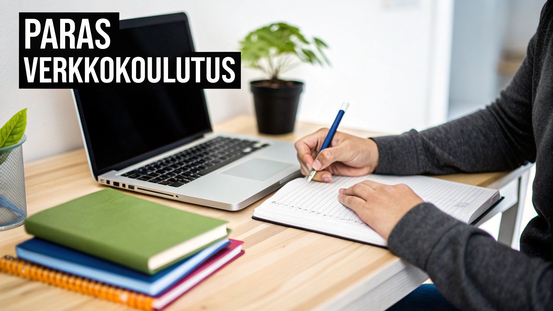 Ihminen kirjoittaa muistikirjaan tietokoneen ääressä, taustalla teksti 'PARAS VERKOKOULUTUS'.