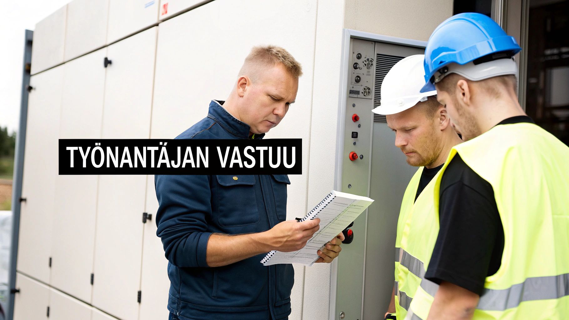 Kolme miestä keskustelemassa työnantajan vastuusta sähkötyöturvallisuuteen liittyen työmaalla.