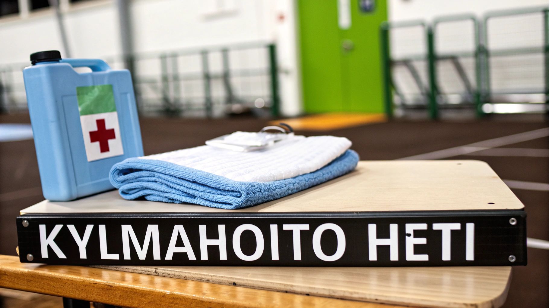 Sininen ensiapulaatikko, pyyhkeet ja kylmähoito heti -kyltti urheiluhallissa.