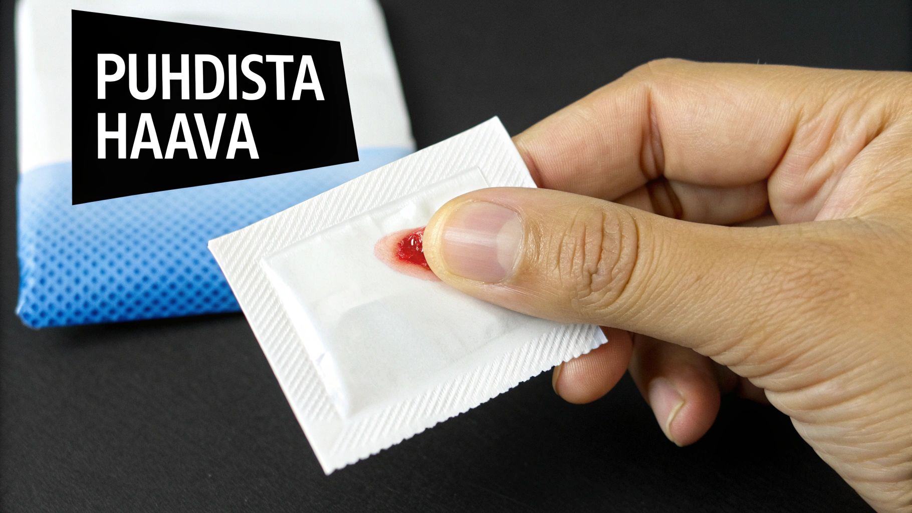 Käsi puhdistaa pientä haavaa sormesta verisellä puhdistuslapulla, tekstinä 'Puhdista haava'.