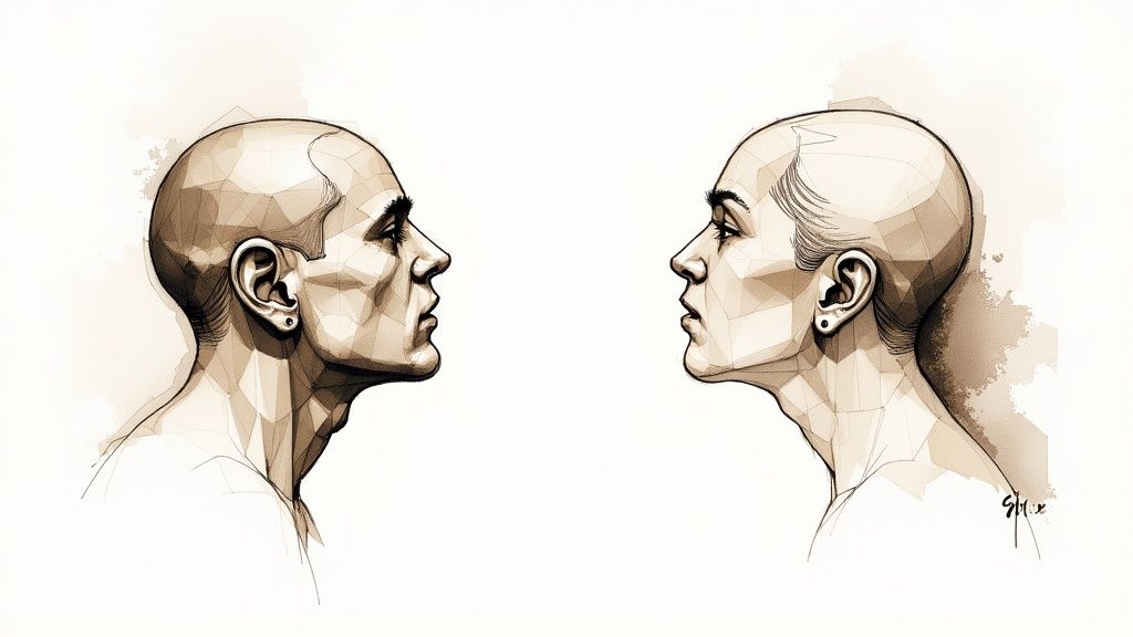 Kaksi profiilia, mies ja nainen, vastakkain, renderöity geometrisella, seepiansävyisellä tyylillä.