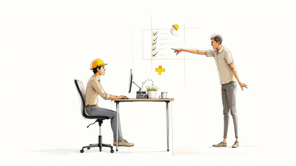 Insinööri työskentelee tietokoneella, samalla kun kollega osoittaa tehtävälistaa seinällä. Yhteistyöprojektin hallintaa.