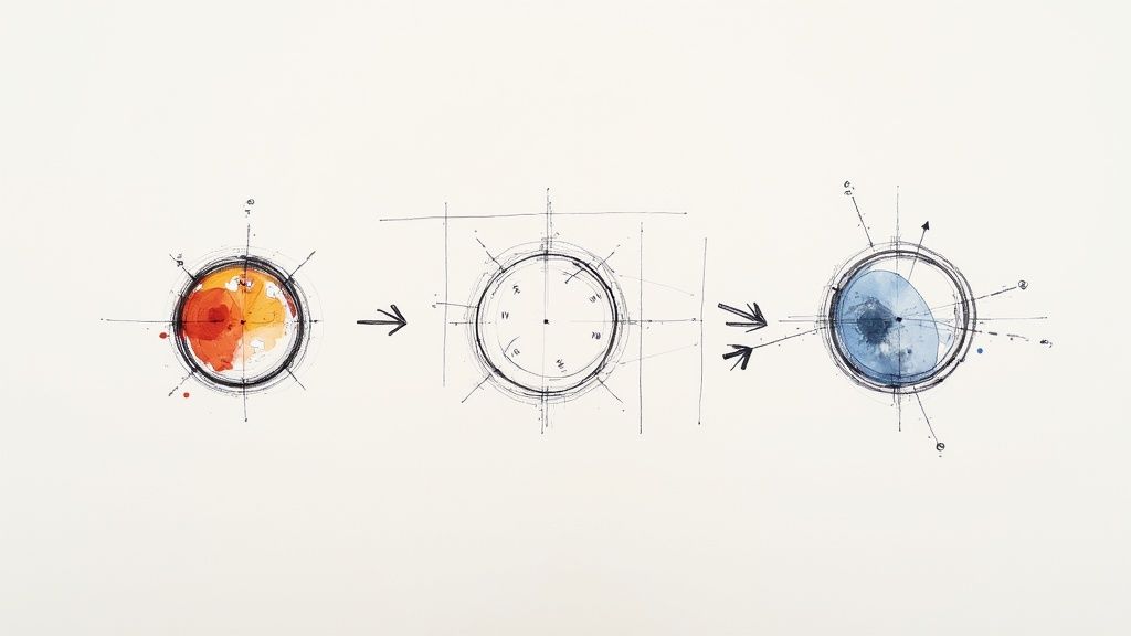 Kolme ympyrädiagrammia esittää prosessia, jossa värit ja yksityiskohdat muuttuvat.