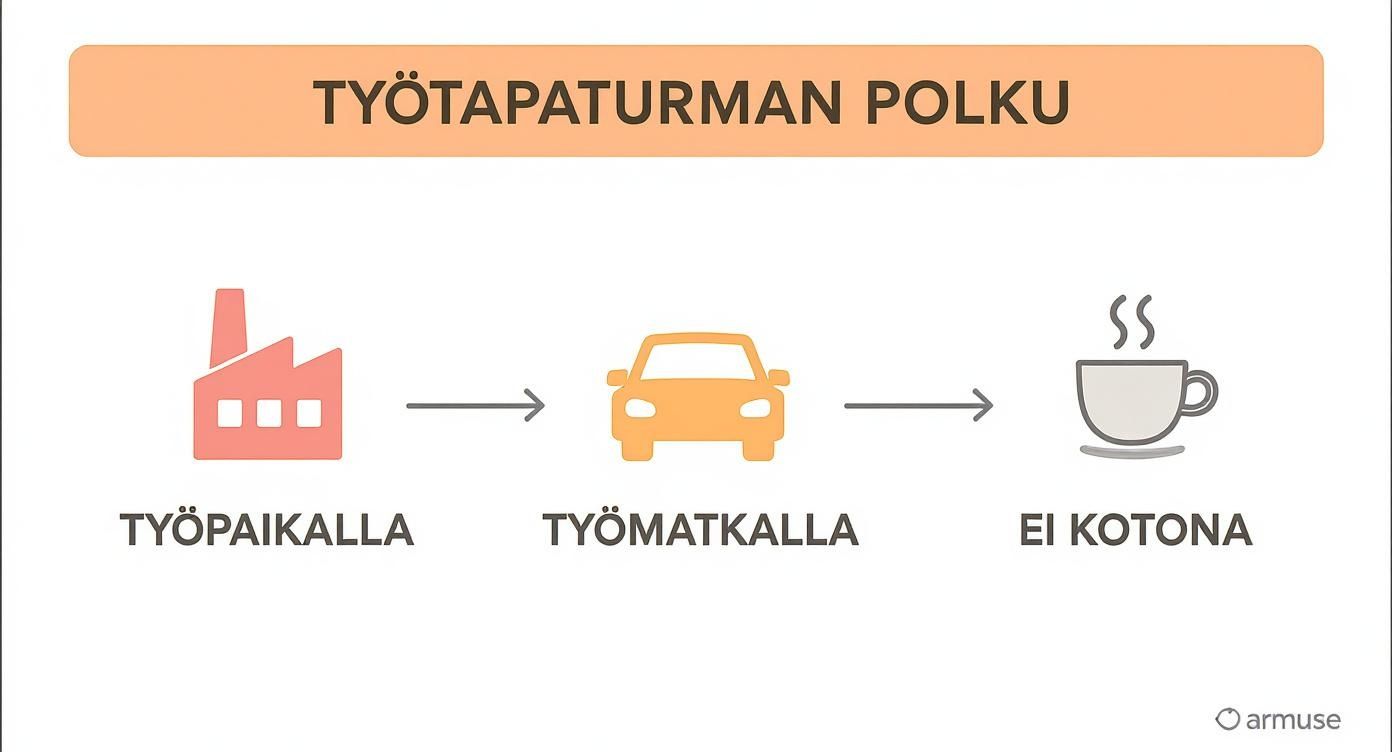 Infografiikka työtapaturman polusta, kuvaten tapaturman tapahtumapaikkoja: työpaikalla, työmatkalla ja muualla kuin kotona.