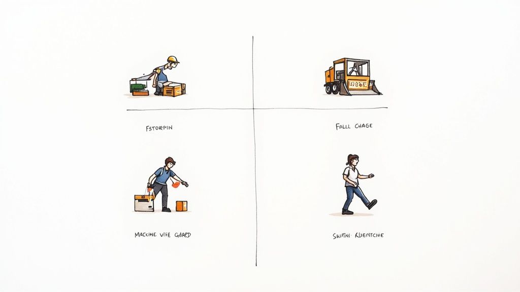 Neljä sarjakuvamaista esimerkkiä työturvallisuusriskeistä: väärä nostoasento, raskas kone, koneturvallisuus ja kompastuminen.