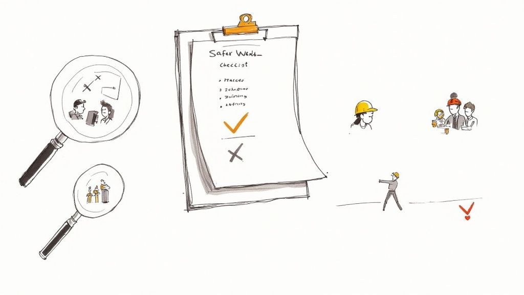 Kuvassa on työturvallisuuteen liittyviä piirroksia, kuten tarkistuslista, suurennuslasit ja rakennustyöläisiä.