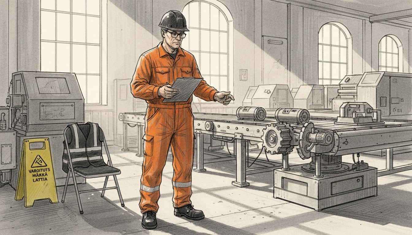 Tehdastyöntekijä tarkistaa turvallisuusohjeita työpisteellään.