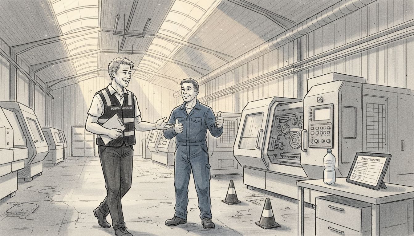 Turvallisuuspäällikkö keskustelemassa työntekijöiden kanssa tuotantotilassa