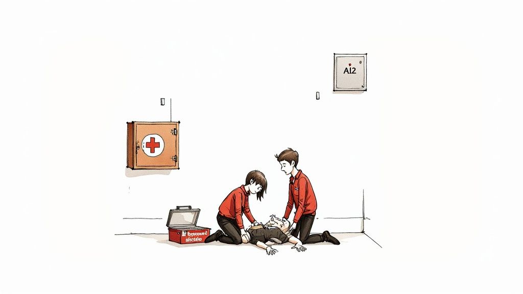 Kaksi ensiapuun koulutettua henkilöä antaa ensiapua maassa makaavalle ihmiselle ensiapulaukun vieressä. Seinällä on ensiapukaappi ja AI2-kyltti.