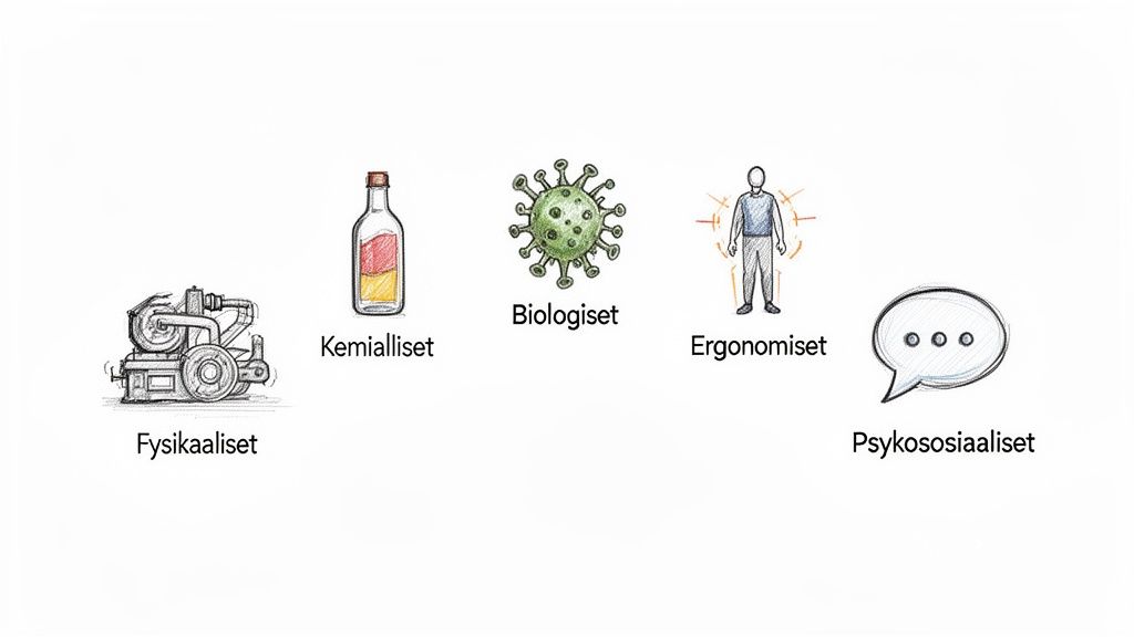 Kuva havainnollistaa työssä esiintyviä fysikaalisia, kemiallisia, biologisia, ergonomisia ja psykososiaalisia vaaratekijöitä.