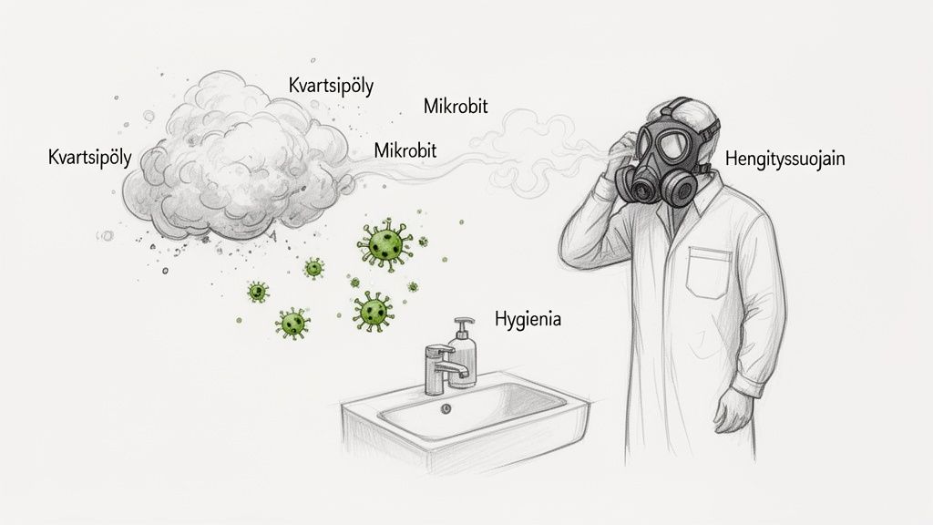 Kuva työturvallisuudesta esittää kvartsipölyä, mikrobeja, hengityssuojainta ja käsihygieniaa pesualtaan äärellä. Varoituksia ja suojautumista työympäristössä.