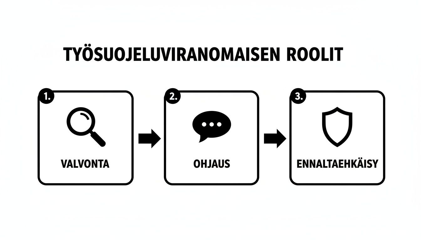 Kuvassa esitetään työsuojeluviranomaisen kolme keskeistä roolia: valvonta, ohjaus ja ennaltaehkäisy selkein kuvakkein.