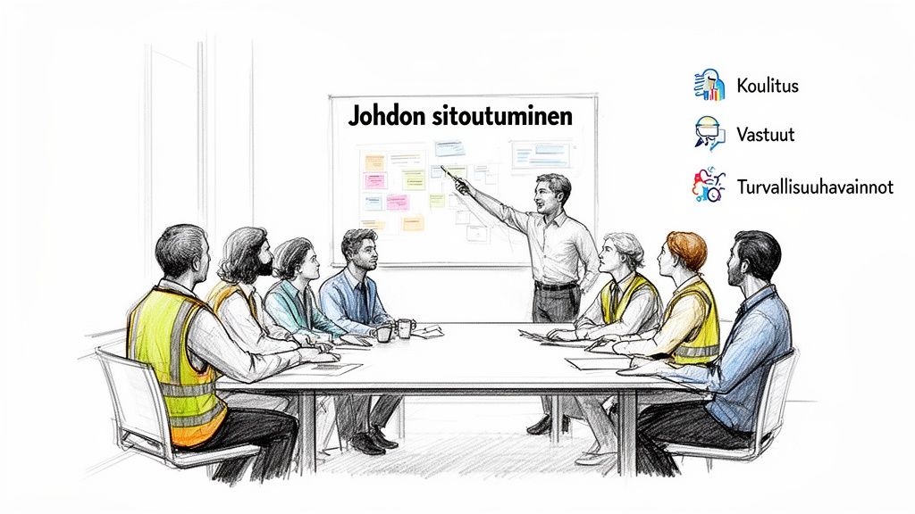 Kuvassa ryhmä ihmisiä kokouksessa, jossa puhuja esittelee johdon sitoutumista ja turvallisuusteemoja.