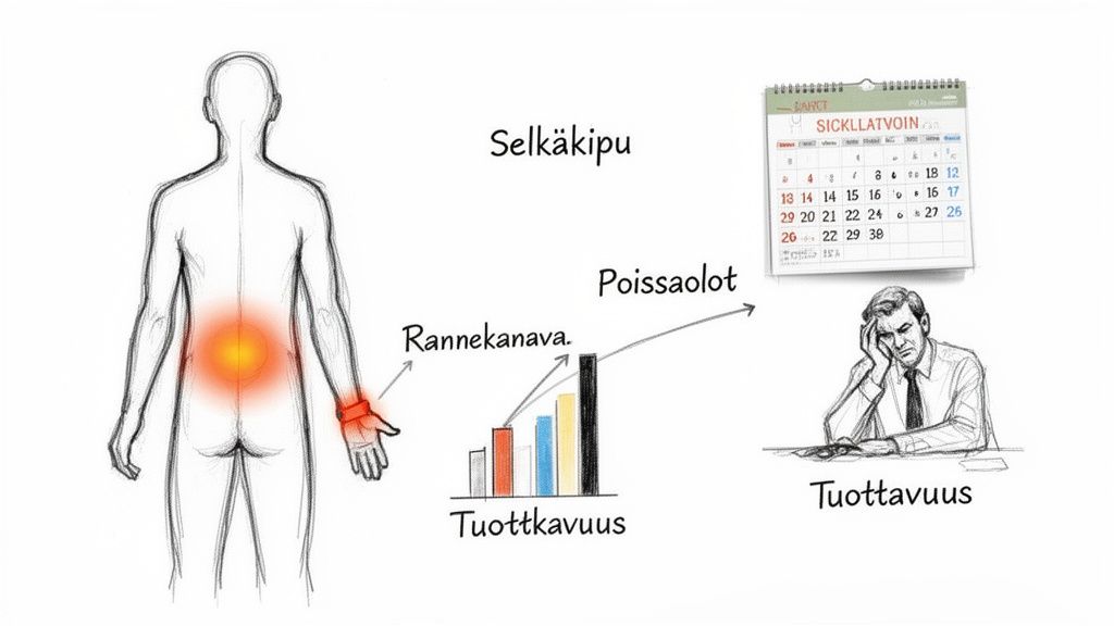Kuvituskuva, joka havainnollistaa selkäkivun, rannekanavaoireyhtymän ja poissaolojen vaikutusta tuottavuuteen.