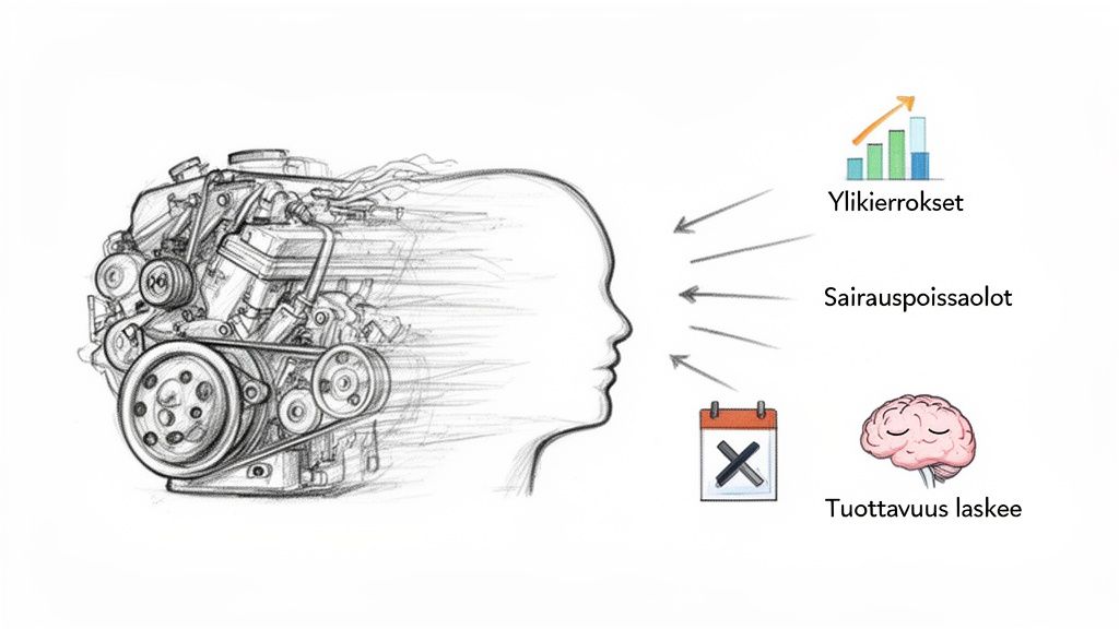 Kuva havainnollistaa psykososiaalisten kuormitustekijöiden vaikutusta ihmiseen, johtaen ylirasitukseen ja tuottavuuden laskuun.