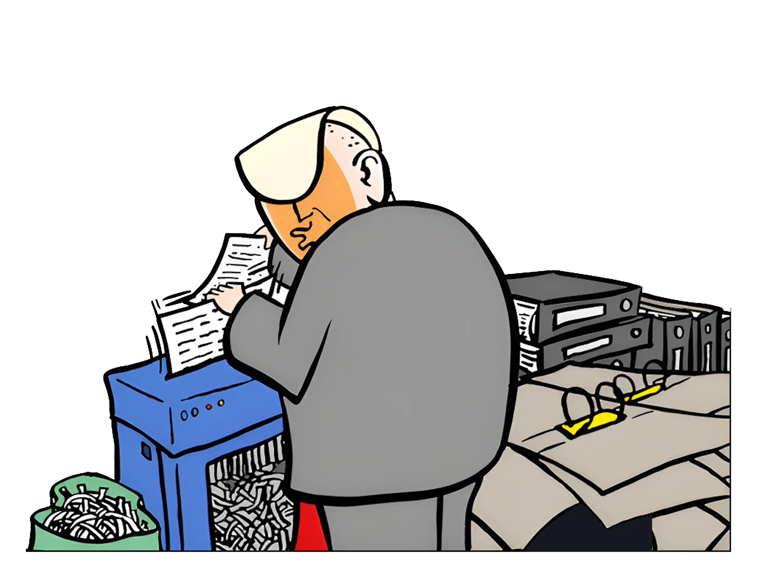 Cartoon illustration of a person in gray clothing sitting at a desk working on a blue computer or device with papers nearby