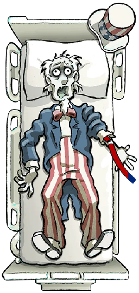 Cartoon illustration of Uncle Sam character in his traditional starred top hat and striped outfit, shown in a framed portrait style