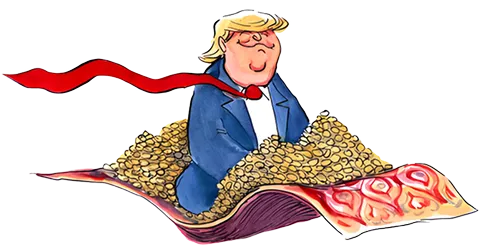 Cartoon illustration of Donald Trump in a blue suit with red tie lying on a colorful patterned rug or carpet
