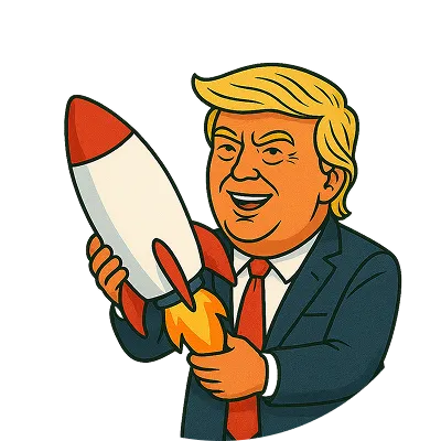 Cartoon illustration of Donald Trump holding a white and red rocket