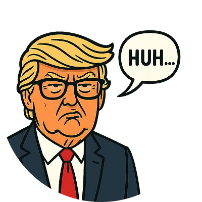 Cartoon illustration of Donald Trump with a confused expression saying 'HUH...' in a speech bubble