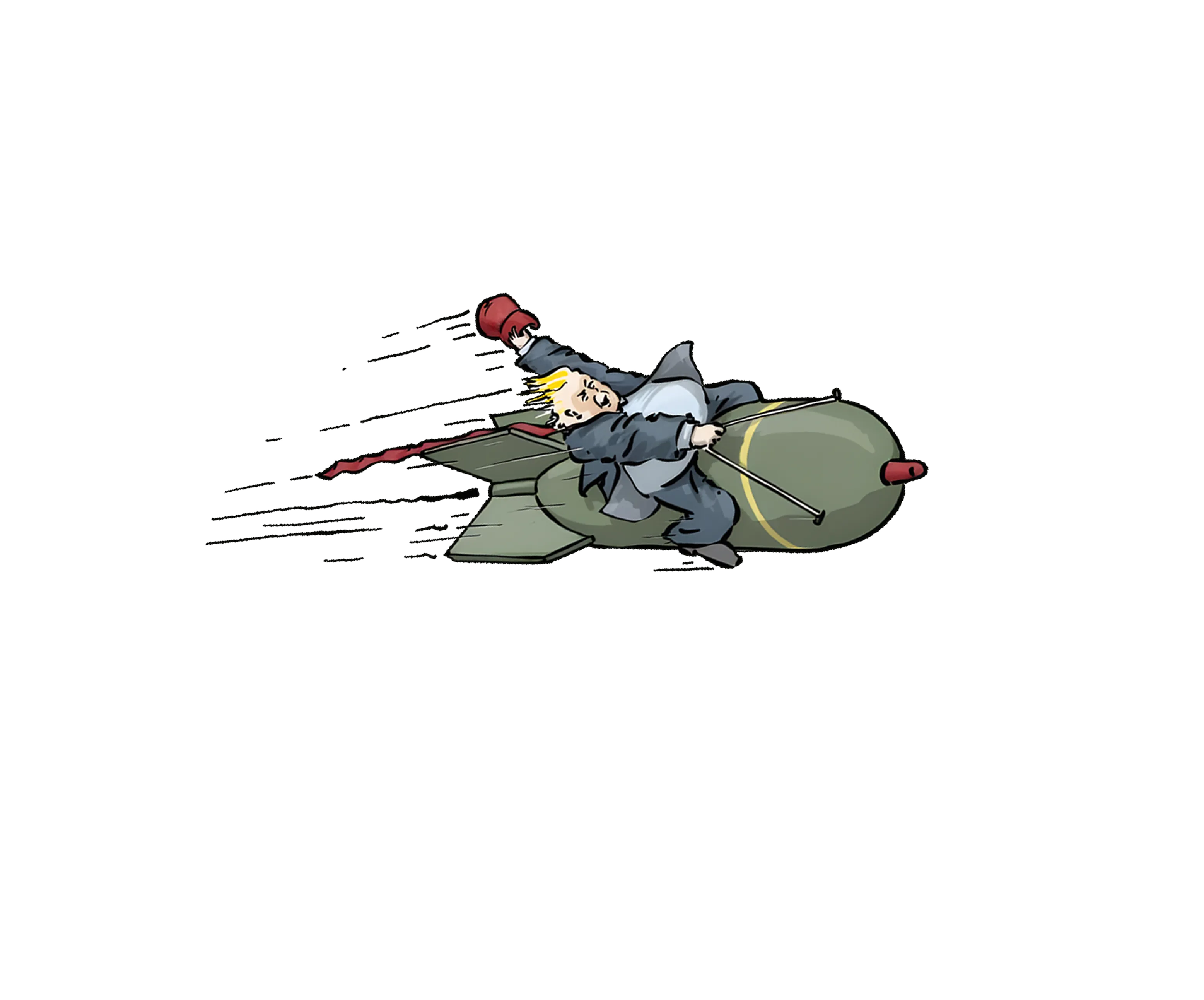 Cartoon of a man in a suit riding a speeding missile with a red glove raised.