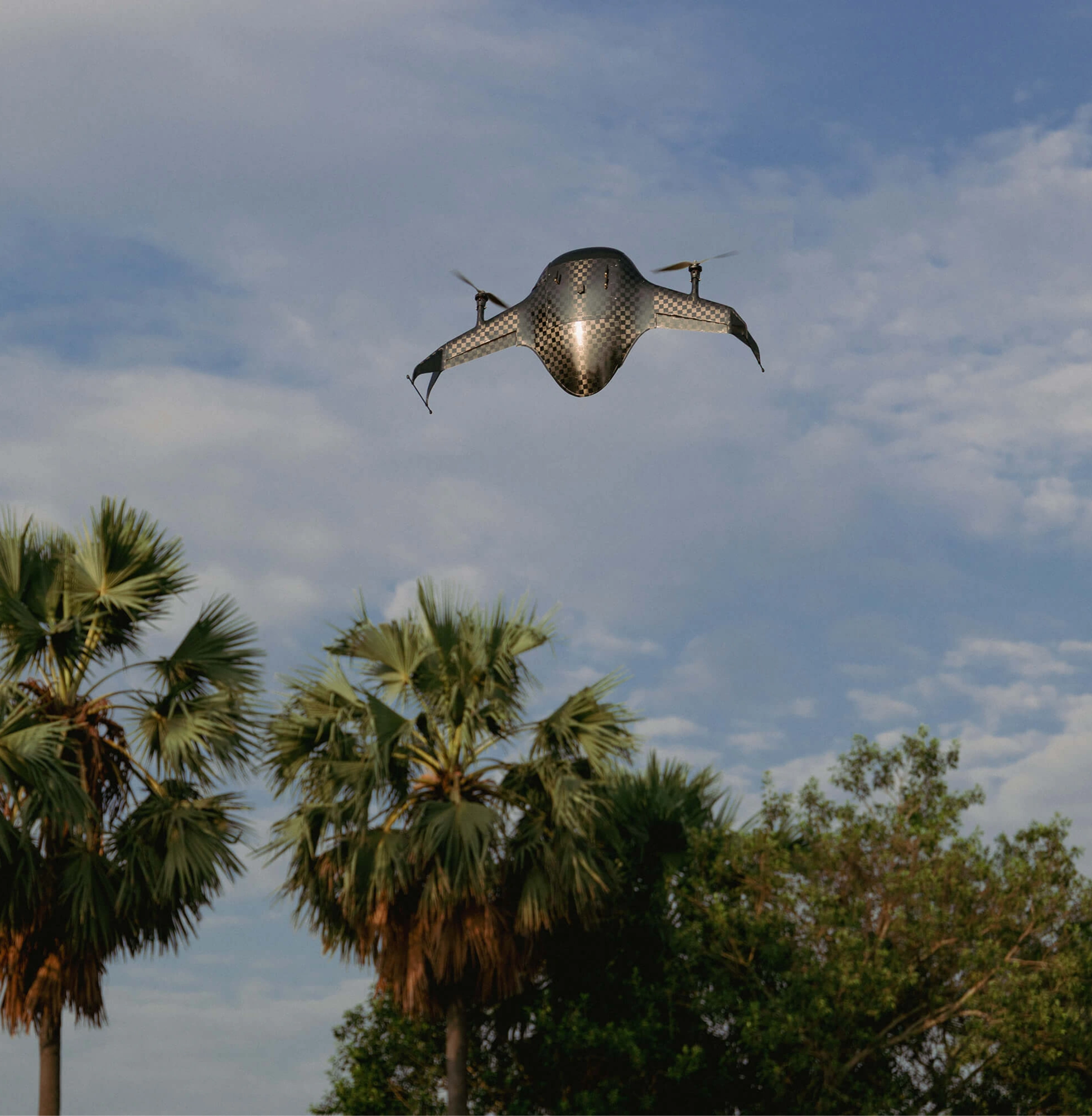 Airbound tailsitter craft launching vertically in Guntur, coconut trees in the background