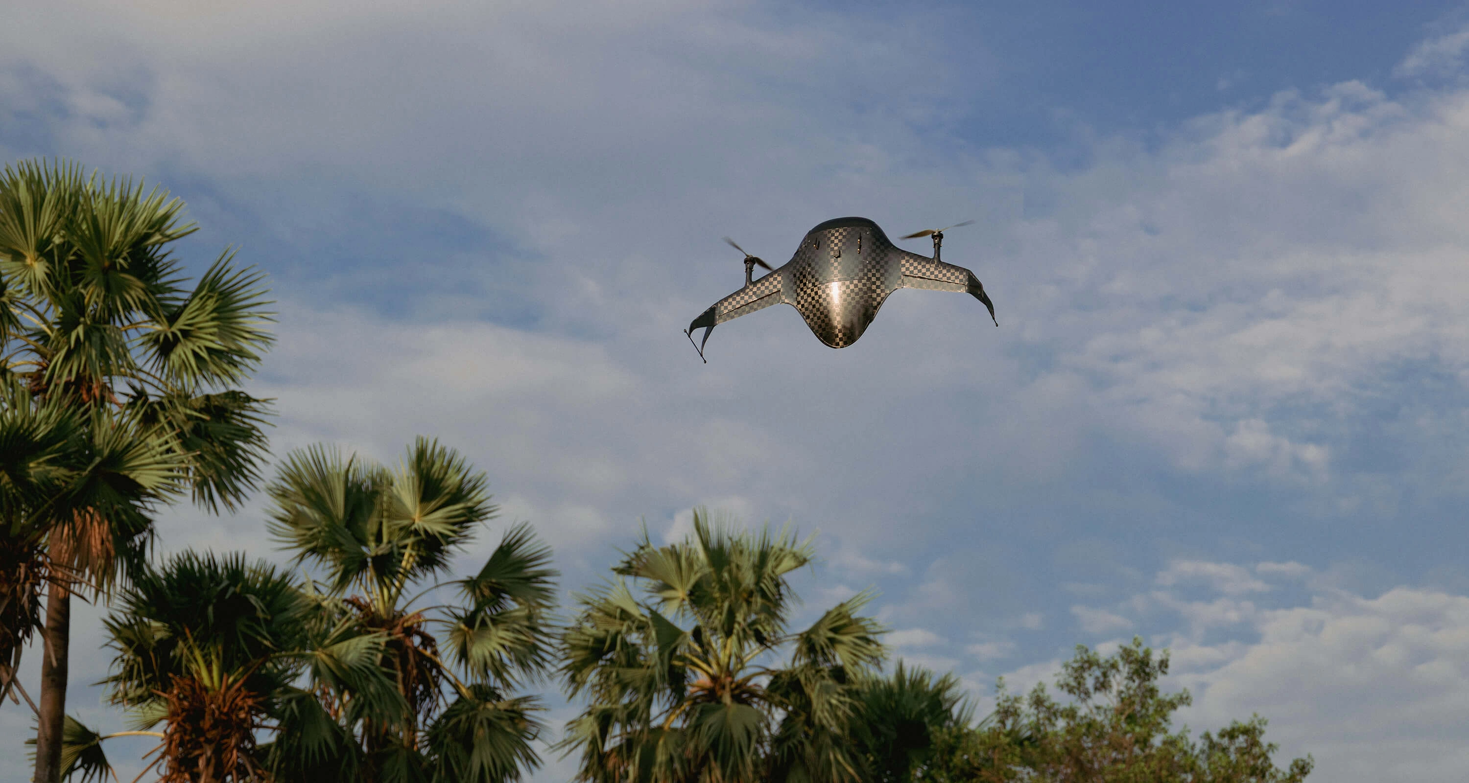 Airbound tailsitter craft launching vertically in Guntur, coconut trees in the background
