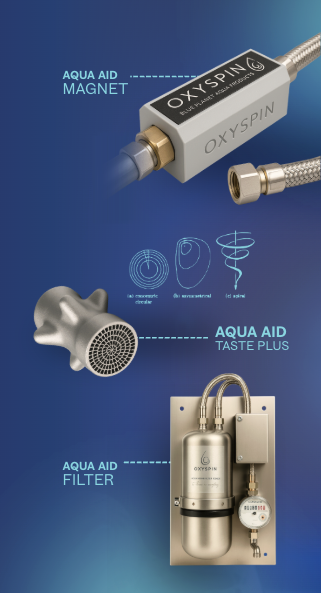 Oxyspin Aqua Aid system with three components: Magnet module, Taste Plus nozzle, and water filter unit displayed on a blue background.