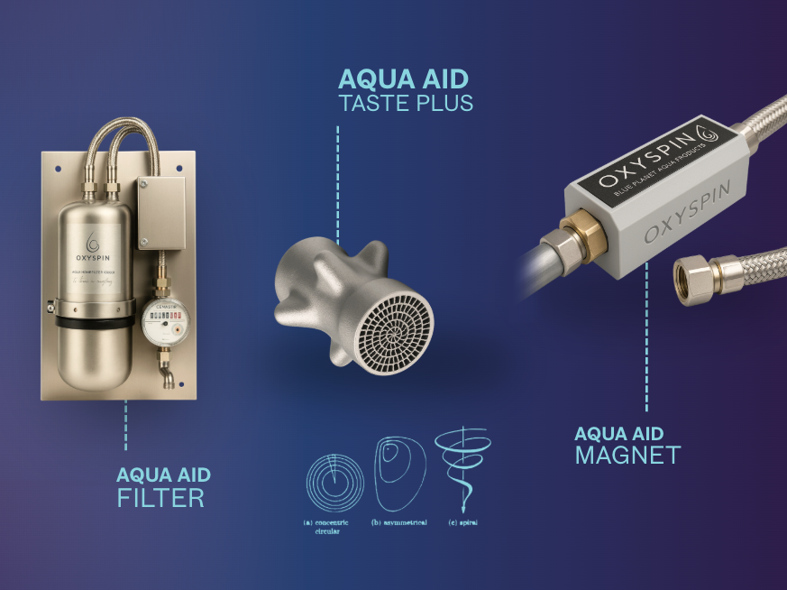 Oxyspin Aqua Aid system showing three components: Filter unit, Taste Plus nozzle, and Magnet module on a blue background.