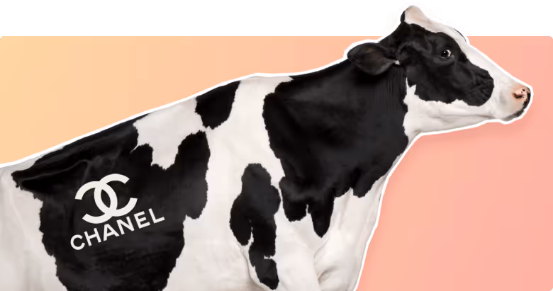 Black and white cow facing right with a Chanel logo on its side against a peach gradient background.
