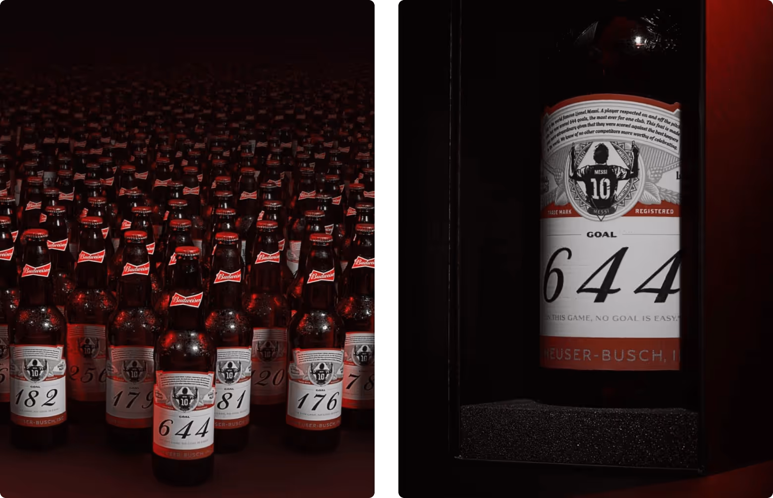 Multiple Budweiser beer bottles with special labels featuring the number 644 and a silhouette of Lionel Messi wearing jersey number 10, highlighting his record goals.