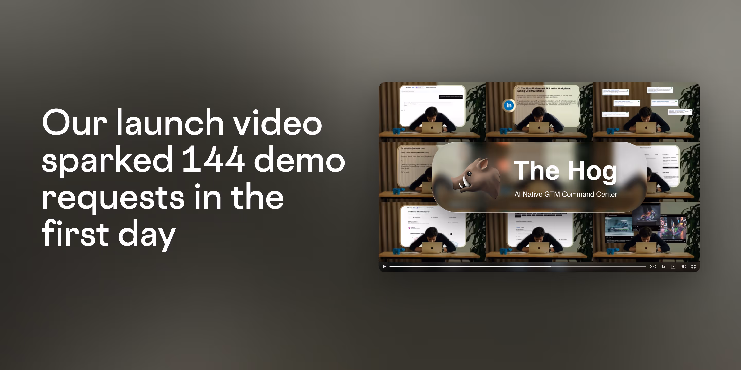 Text stating the launch video sparked 144 demo requests on the first day alongside a paused video screen showing 'The Hog AI Native GTM Command Center' with a person working on a laptop in multiple split screens.