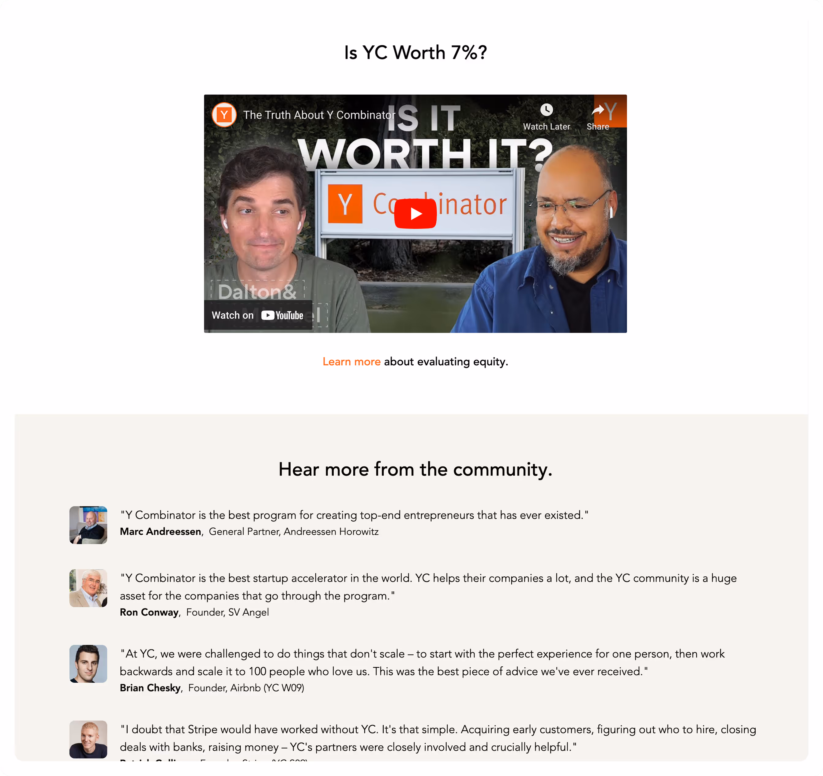 Webpage titled 'Is YC Worth 7%?' featuring a video thumbnail with two men under a Y Combinator sign and testimonials from Marc Andreessen, Ron Conway, Brian Chesky, and Patrick Collison praising Y Combinator.