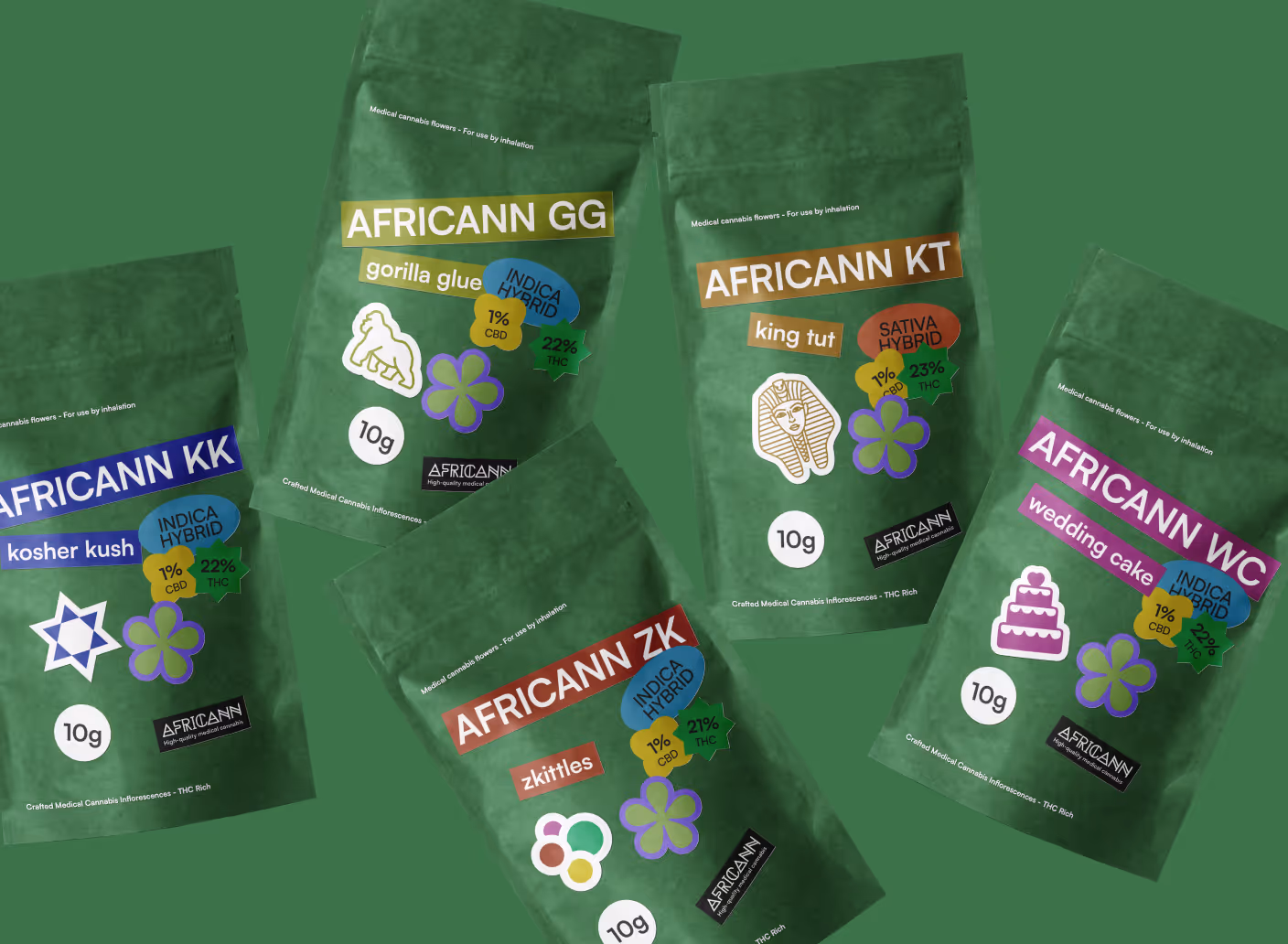 Five green bags of Africann medical cannabis with strain names Gorilla Glue, King Tut, Kosher Kush, Zkittles, and Wedding Cake, each labeled with indica hybrid or sativa hybrid, CBD 1%, THC 21-23%, and 10g weight.