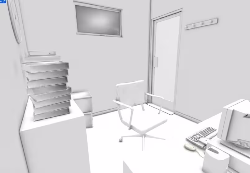 Minimalist office with a swivel chair, stack of cardboard boxes, computer with keyboard and mouse, and a door with a window above.