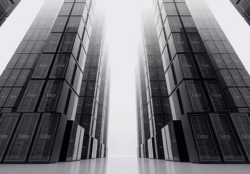 Rows of tall, dark server racks in a data center with bright light shining in the background.