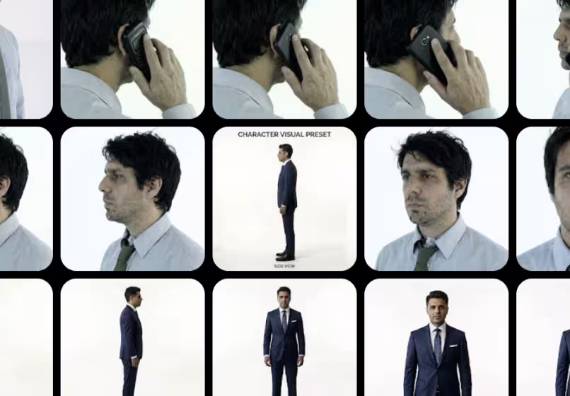 Grid of images showing a man in a suit and a man in a shirt with tie, including side and front views and the man talking on a phone.