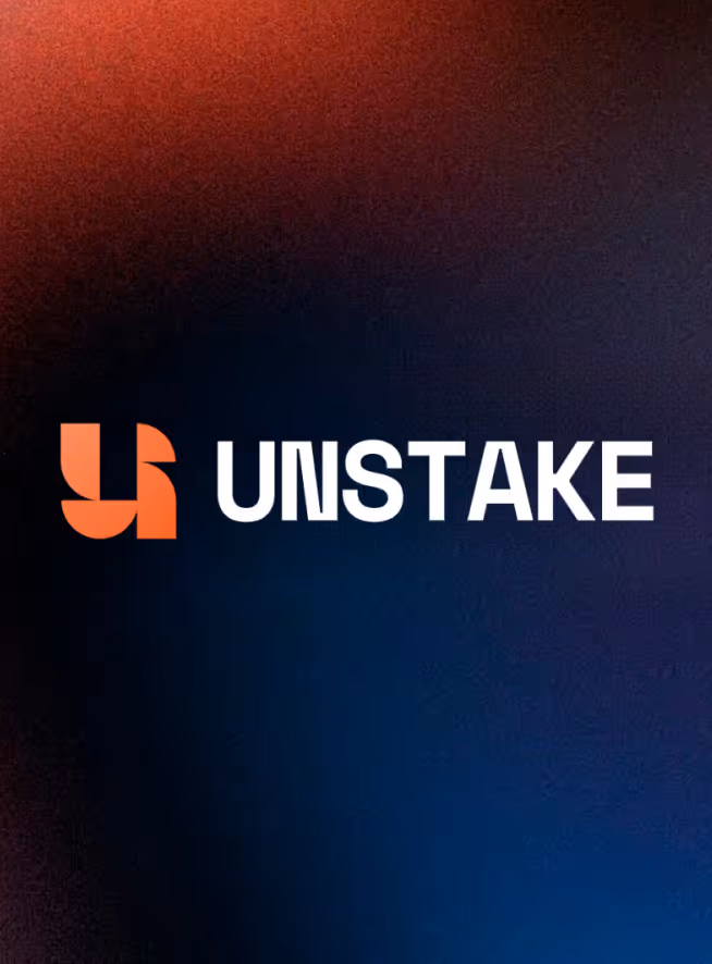 Orange abstract geometric logo next to the word UNSTAKE in white capital letters on a dark gradient background.