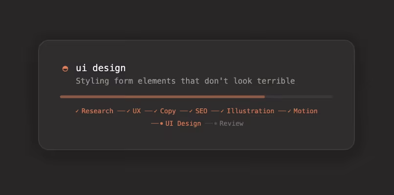 Code snippet showing a UI design section with a subtitle 'Styling form elements that don't look terrible' and navigation links labeled Research, UX, Copy, SEO, Illustration, Motion, UI Design, and Review.