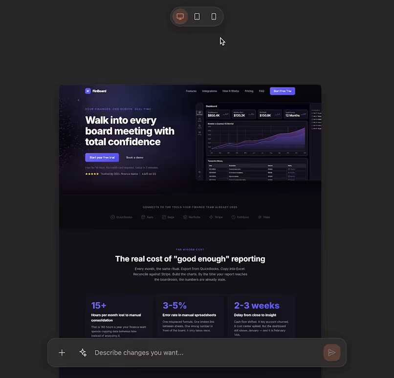 Dark-themed FinBoard webpage showing a dashboard interface with financial graphs and metrics, a call to action to start a free trial, and statistics on the cost of manual reporting.