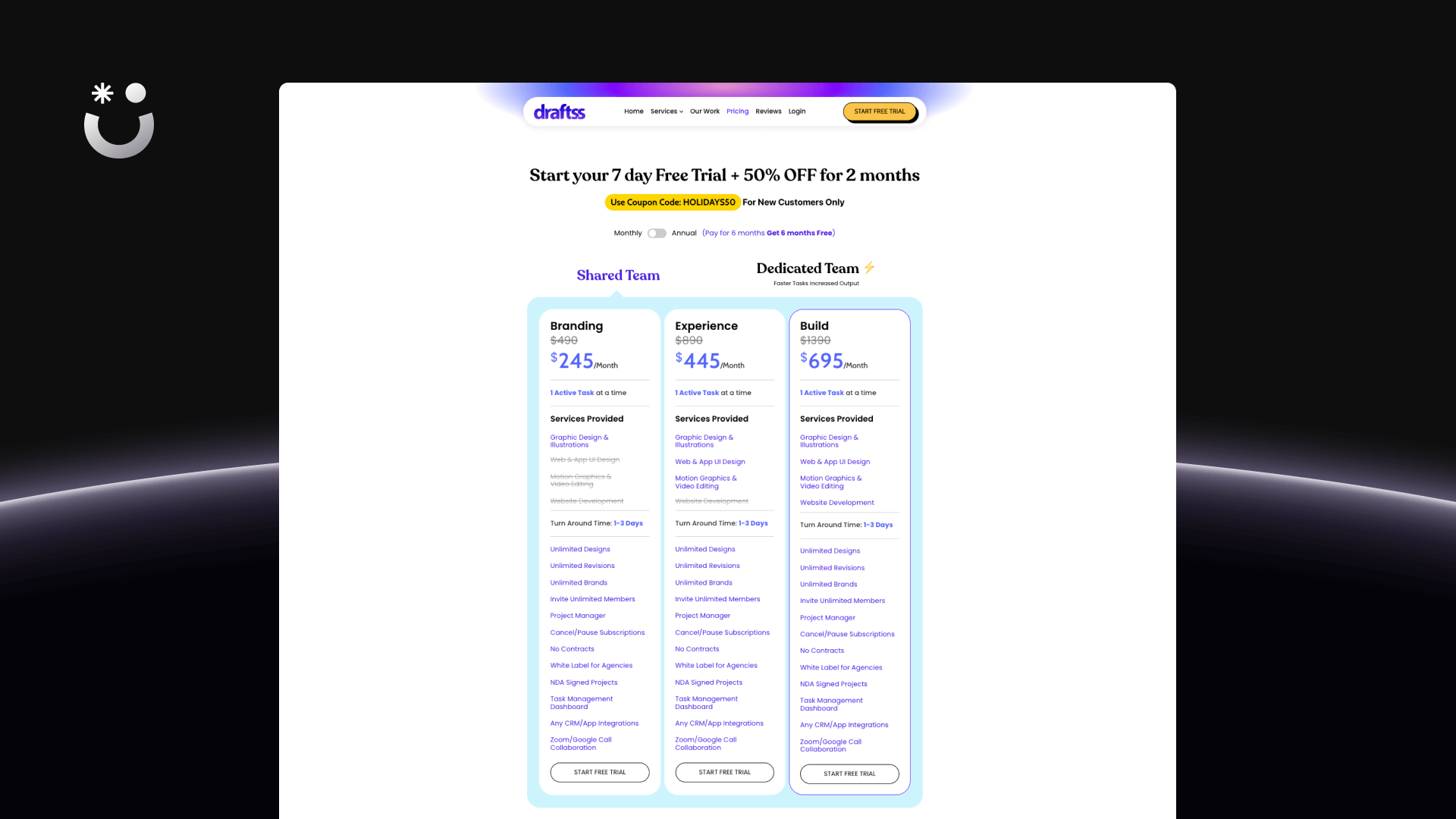 Draftss' pricing page outlining their available plans.