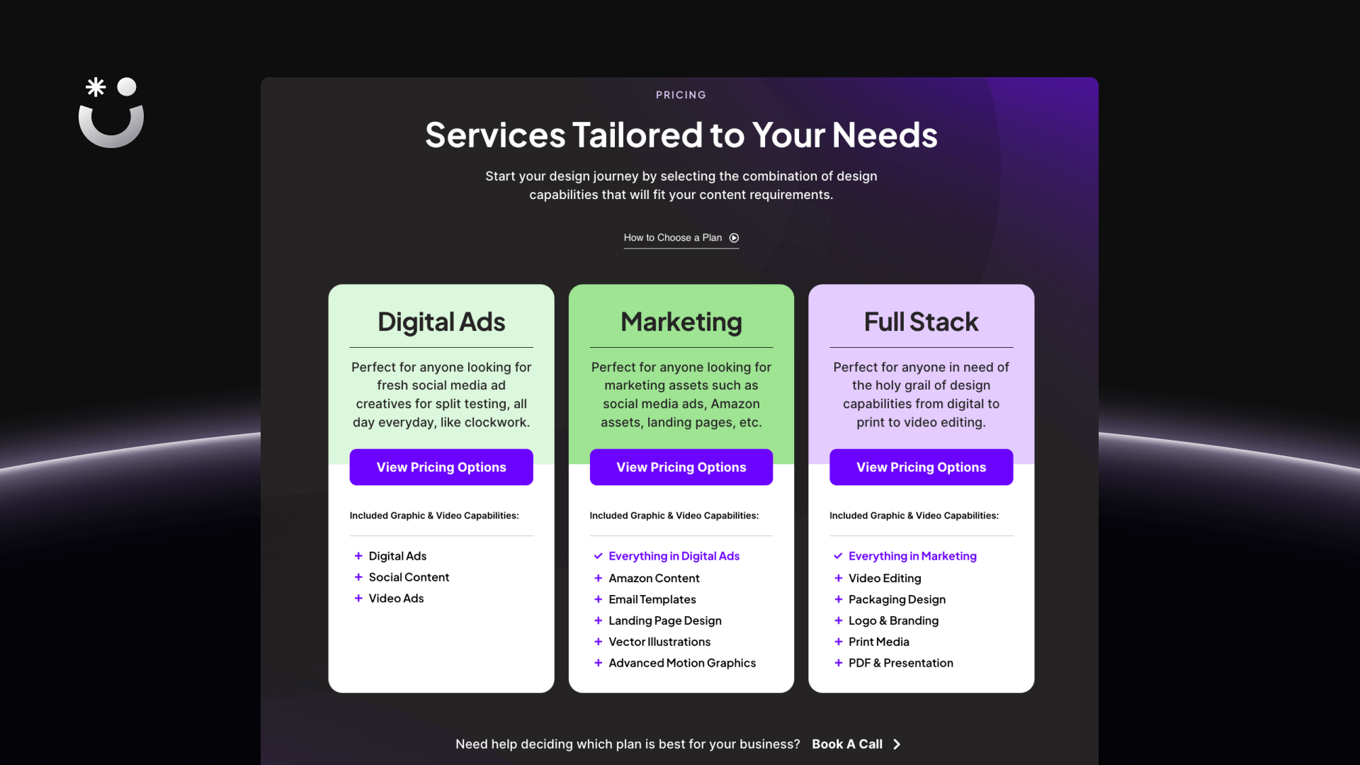 No Limit Creatives' pricing page outlining their plans categories.