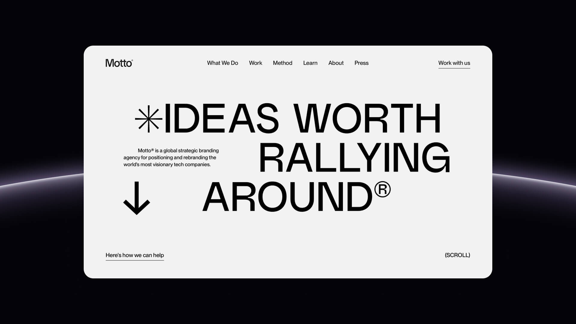 Motto homepage showcasing their philosophy, "Ideas Worth Rallying Around," with client logos like Google and Klaviyo in a dynamic layout.